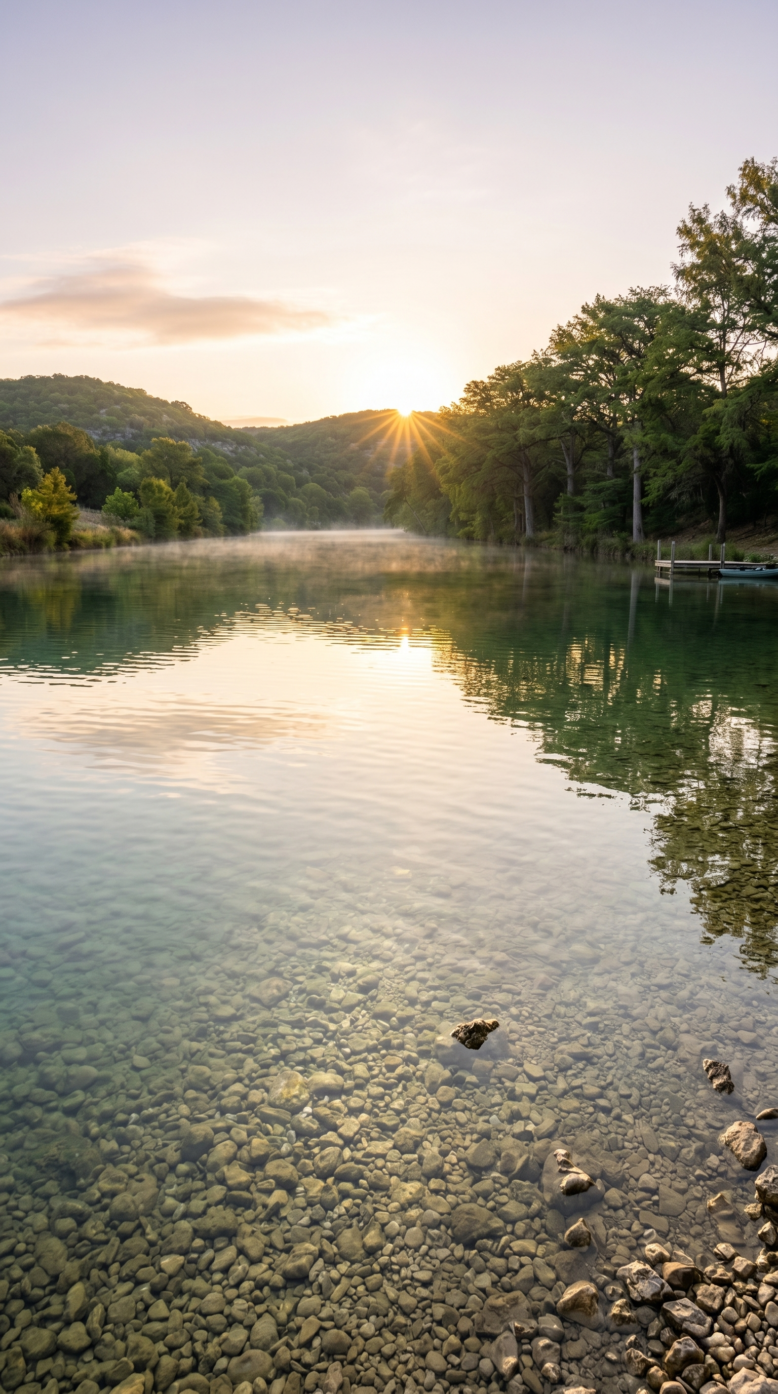 A clear Texas Hill Country river at sunrise