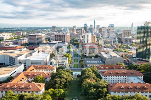 A thriving Texas main street with local businesses, homes, and restaurants